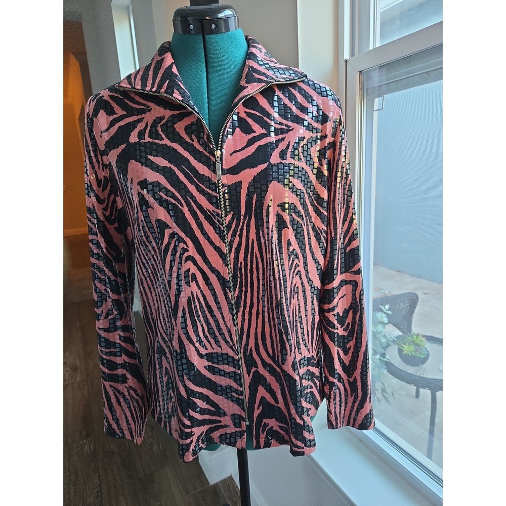 Misook Sequined Zip-up Jacket Collar Pink And Black Zebra Print Size Small /Med